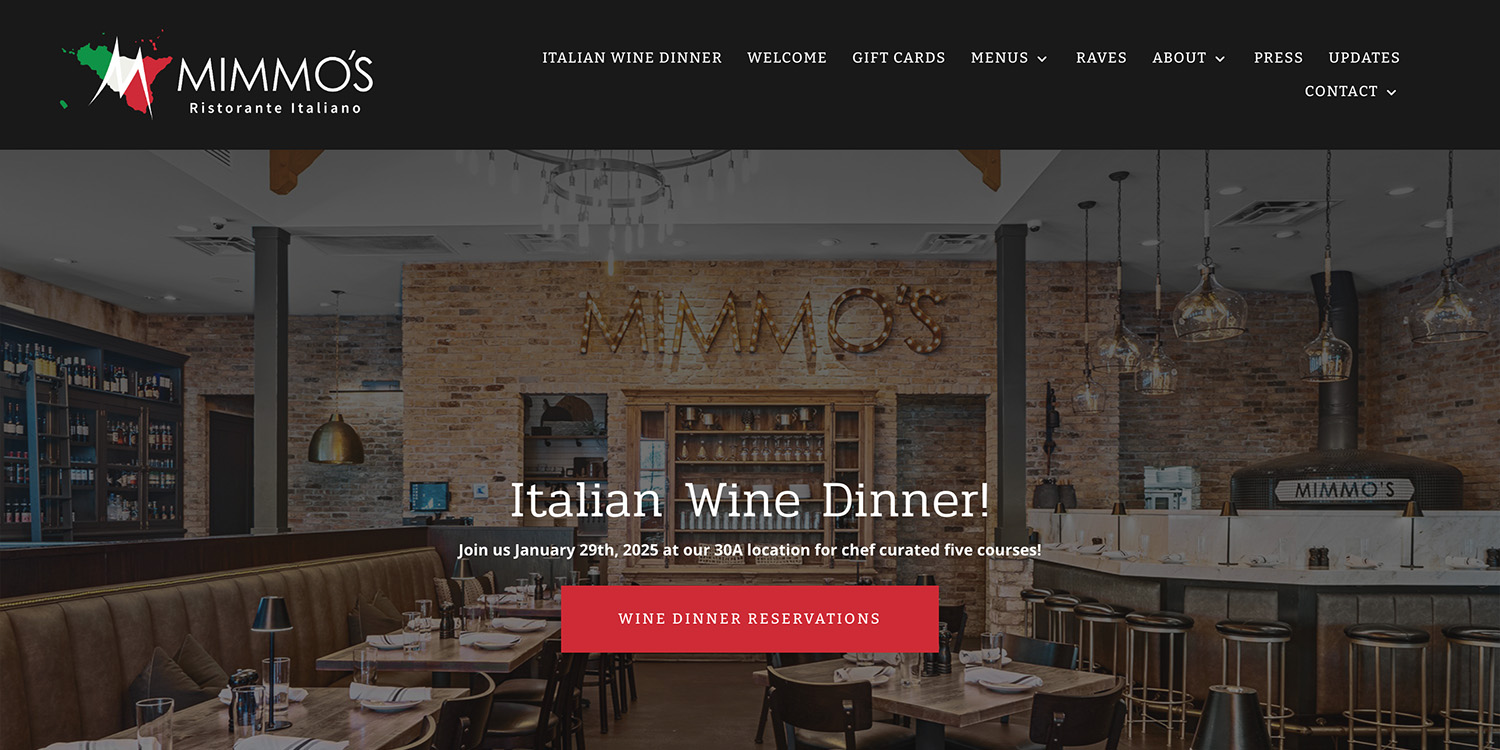 Mimmo's Restaurante Italiano website, homepage